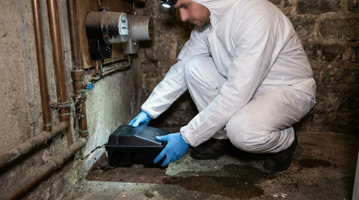 Technicien posant un poste d'appâtage en cave d'immeuble