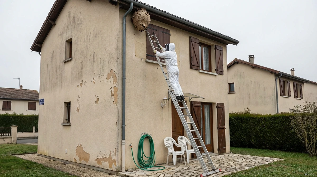 Technicien sur une échelle retirant un nid de guêpes sous une toiture
