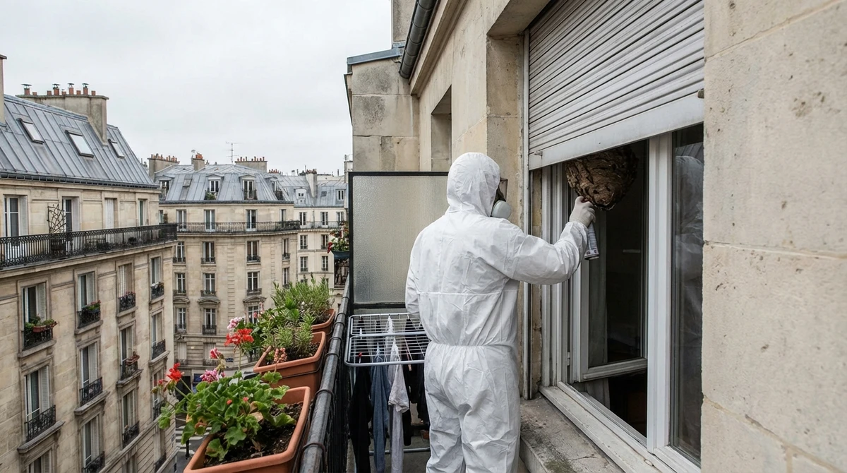 Technicien retirant un nid de guêpes sur un balcon parisien