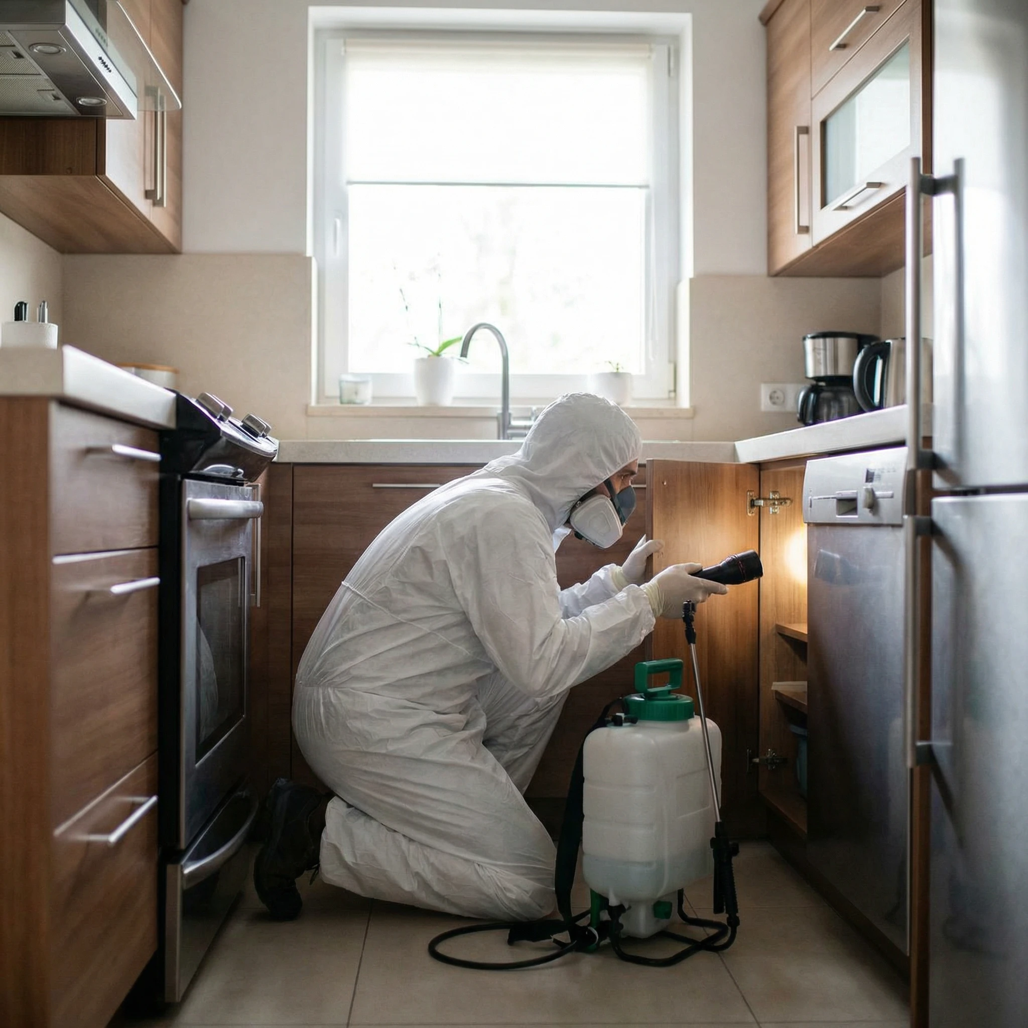 Technicien certifié traitant une infestation de cafards et blattes dans une cuisine en Île-de-France